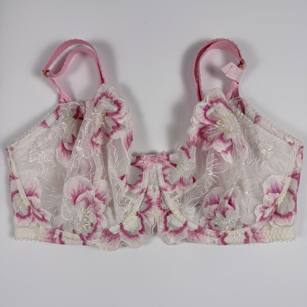Victoria's Secret Dream Angels Floral Embroidery Lace Demi Bra White Pink 36DDD